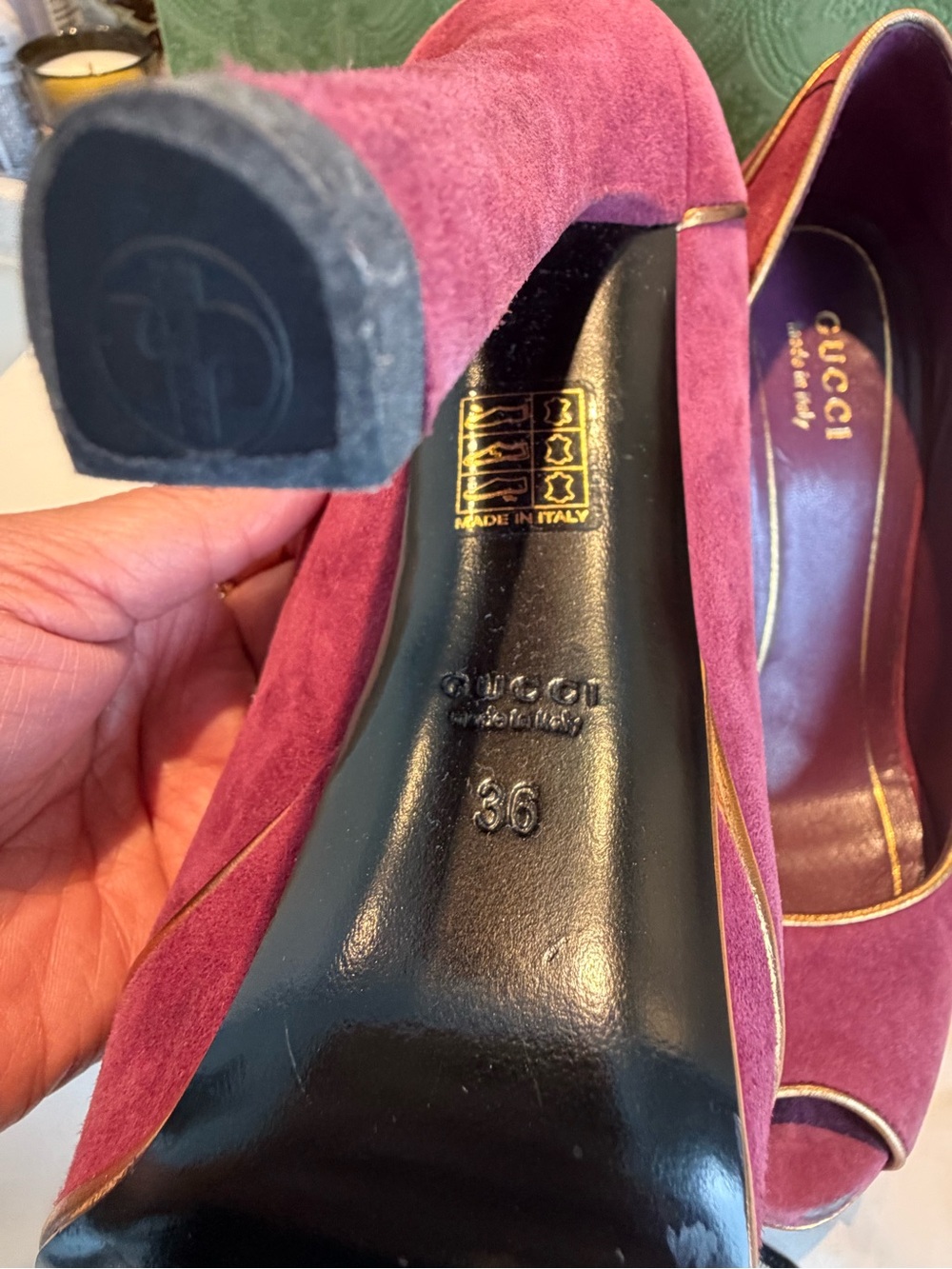 Gucci Purple Suede Peep-Toe Platform Pumps with Gold Piping - Picture 11 of 12